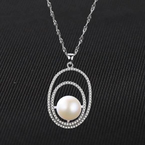 Natural Freshwater Pearl Necklace Pendant Double Layer Circle Zircon Silver NWT - Picture 1 of 11